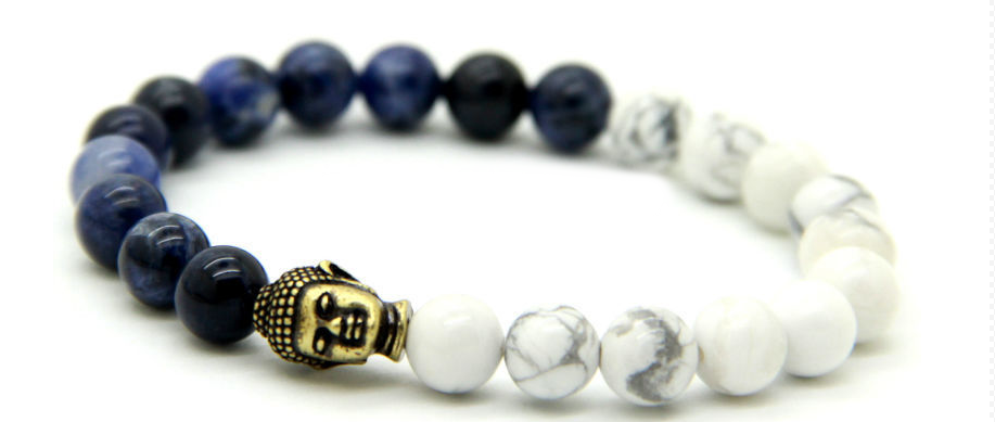 Natural White & Blue Veins Stone with Bronze Buddha Bracelet
