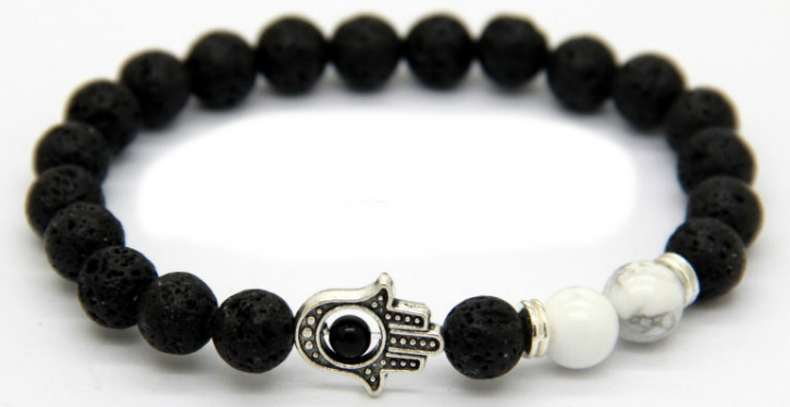 Natural White Howlite & Lava Stone Hamsa Bracelet