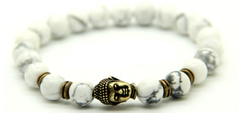Natural White Howlite Stone & Antique Bronze Buddha Bracelet