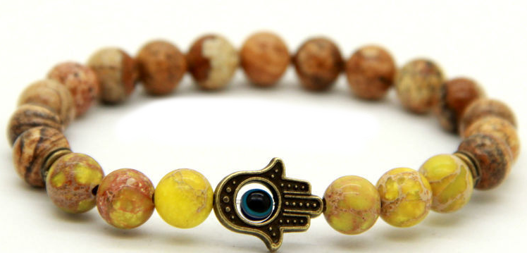 Jasper Cool Blue Breeze Yellow Hamsa Bracelet