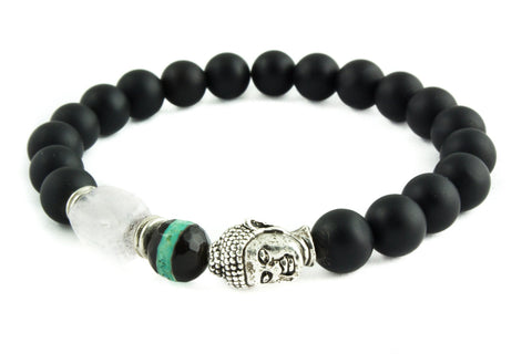 Matte Black Agate Beads & Silver Buddha Bracelets with Pink Crystal