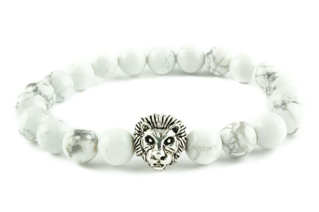 White Howlite Stone Beads & Silver Lion