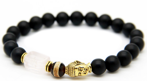 Matte Black Agate Beads & Gold Buddha Bracelet with Pink Crystal