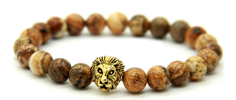 Natural Jasper Wooden Stone & Gold Lion head